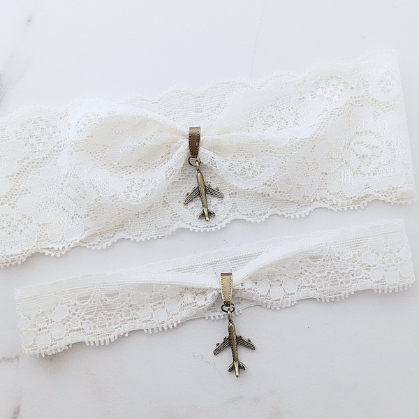 Airplane Wedding Garter, Avaition Pilot Garter for Wedding, Stretch Lace Garter Single or Set, Ivory, White, Blue, Teal, Blush, Black Garter