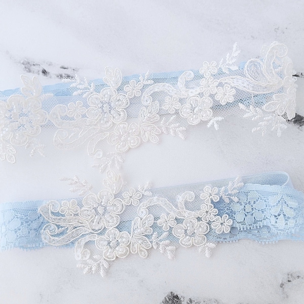 Light Blue Wedding Garters, Something Blue Keepsake / Toss Custom Size Bridal Set