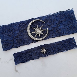 Stars and Moon Wedding Garter Set, Celestial Garters, Garters with Stars, Garter Set of Two, Lace Navy Black White Garter - 8 Color Options