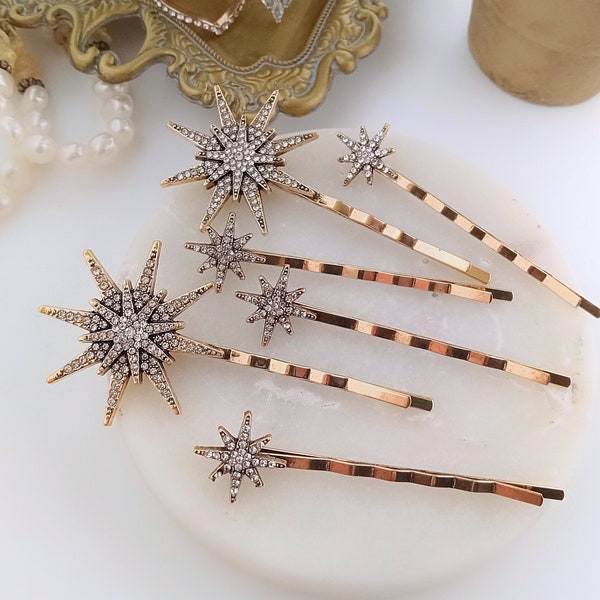 Star Hair Pins, Gold Wedding Bobby Pins, Crystal Rhinestone Hair Clips, Stars Bridal Hair Pin, Celestial Wedding Hair Pins, Antique Gold Pin