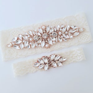 Rose Gold rhinestone Wedding garter set with keepsake and toss garter. Made with stretch lace in your choice of 8 colors.