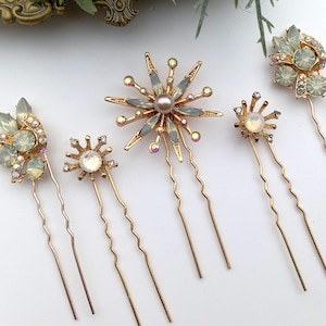 Gold Opal Hair Pin Set, Stars Wedding Hair Pins, Crystal Rhinestone Hair Clips, Stars Bridal Hair Pins, Stick Pins, Celestial Wedding Hair