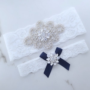 Wedding Bridal Lace Garter with Pearl Crystal Bow Navy Blue/Black/White 