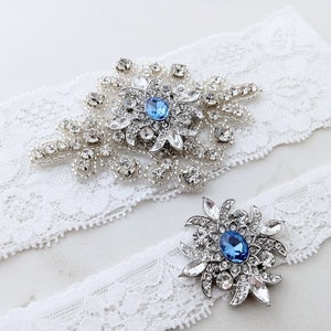 Something Blue Wedding Garters, Rhinestone Crystal Bridal Set, Lace Keepsake / Toss, Prom image 1