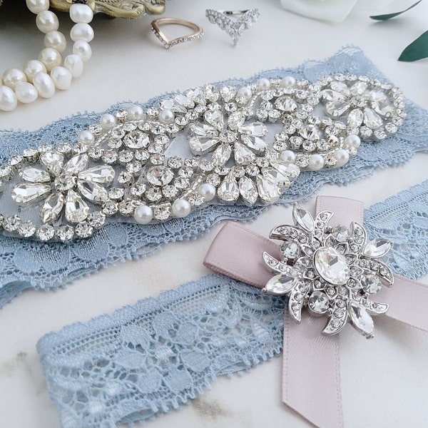 Something Blue Wedding Garters, Ivory or White Lace Pearl Rhinestone Bridal Garter Set