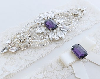 Dark Purple Wedding Garter Set, Lace Garters, Ivory Garters for Wedding, Garter with Pearls, Purple Garters for Bride, Garter with Bow