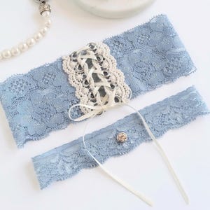 Wedding Garters, Dusty Blue Corset Garter, Blue and Gold Garter, Something Blue, Bridal Garter, Unique Garter Sets, Vintage Lace Garter