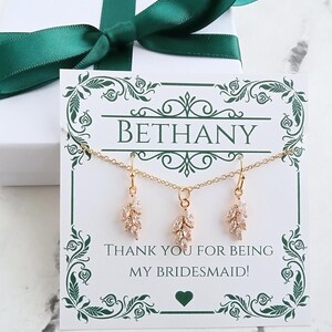 Gold Leaves Bridesmaid Earrings Necklace Sets, Dainty Jewelry, Personalized Card with Box and Bow, Flower Girl Wedding Gift for Mom Grandma