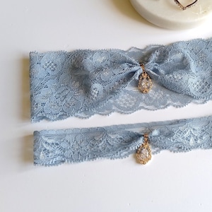 Wedding Garter Set Gold, Bridal Garter Set for Wedding Garters Ivory Garters for Wedding Something Blue Garters for Bride
