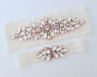 Rose Gold Wedding Garters for Bride, Crystal Rhinestone Ivory Lace Bridal Keep and Toss Set