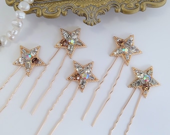 Gold Opal Star Hair Pins Set, Gold Wedding Hair Pins, Crystal Rhinestone Hair Clips, Stars Bridal Hair Pins, Celestial Wedding Hair Sticks