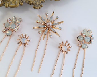 Gold Opal Hair Pin Set, Stars Wedding Hair Pins, Crystal Rhinestone Hair Clips, Stars Bridal Hair Pins, Stick Pins, Celestial Wedding Hair