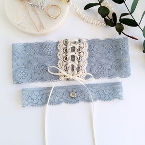 Wedding Garters, Dusty Blue Corset Garter, Blue and Gold Garter, Something Blue, Bridal Garter, Unique Garter Sets, Vintage Lace Garter