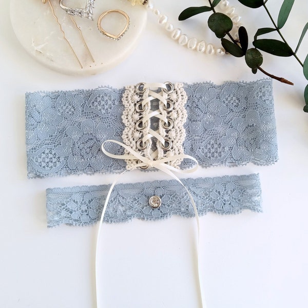 Wedding Garters, Dusty Blue Corset Garter, Blue and Gold Garter, Something Blue, Bridal Garter, Unique Garter Sets, Vintage Lace Garter