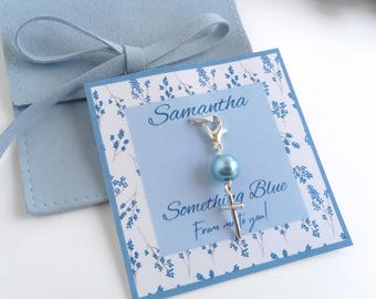 Pearl Bouquet Charm for Bride, Wedding Bridal Shower Gift, Something Blue From Me to You Personalized Name Shoe Charm, Christian Cross