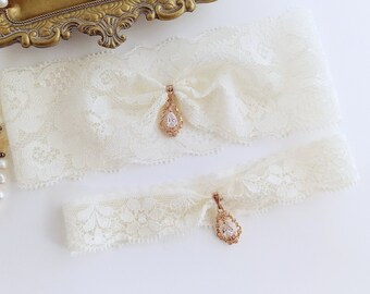 Wedding Garter Set Gold, Bridal Garter Set for Wedding Garters Ivory Garters for Wedding Something Blue Garters for Bride