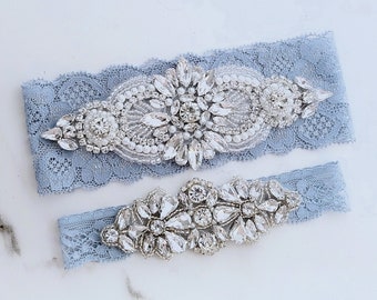 Wedding Garters, Something Blue Lace Custom Sized Keep and Tossing Crystal Rhinestone Bridal Garter Set