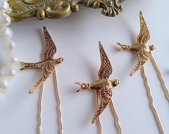 Gold Bird Hair Pins, Bird Hair Clips, Wedding Hair Pins, Gold Birds for Hair, Bridal Hair Accessories, Hair Stick Pins, Woodland Wedding