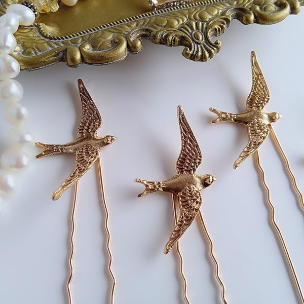 Gold Bird Hair Pins, Bird Hair Clips, Wedding Hair Pins, Gold Birds for Hair, Bridal Hair Accessories, Hair Stick Pins, Woodland Wedding