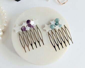 Stars Hair Comb, Mother of Pearl and Natural Stone Wedding Hair Accessories, Amethyst / Aquamarine Hair Clip