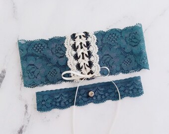 Teal Lace Bride Garter for Wedding, Custom Sized Bridal Set with Gift Box