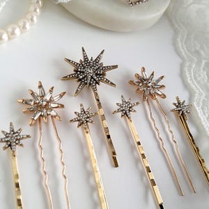 Star Hair Pins, Set of 7, Gold Wedding Hair Pins, Crystal Rhinestone Hair Clips, Stars Bridal Hair Pins, Stick Pins, Celestial Wedding Hair