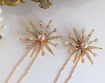 Gold Opal Star Hair Pins, Stars Wedding Hair Pins, Crystal Rhinestone Hair Clips, Stars Bridal Hair Pins, Stick Pins, Celestial Wedding Hair