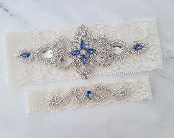 Something Blue Wedding Garters, Ivory / White Lace Keepsake / Toss Bridal Garter Set, Crystal Rhinestone Custom Garter, Blue Garter