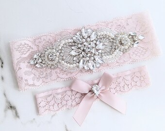 Wedding Garters, 8 Lace Colors / 36 Bow Colors, Wedding Garter Set, Crystal Rhinestone Stretch Lace Garters for Wedding