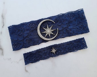 Stars and Moon Wedding Garter Set, Celestial Garters, Garters with Stars, Garter Set of Two, Lace Navy Black White Garter - 8 Color Options