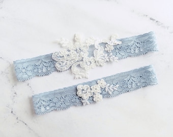 Dusty Blue Wedding Garters, Something Blue for Bride, Keep and Toss Lace Bridal Set