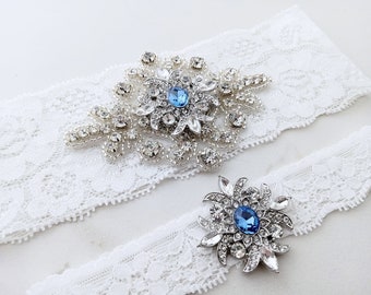 Blue Wedding Garter, Something Blue, Rhinestone Garter, Crystal Bridal Garter Set, Ivory or White Lace Garter, Keepsake Toss Garter, Prom