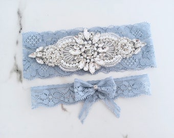 Dusty Blue Wedding Garter Set with Stretch Lace, Pearls and Rhinestones