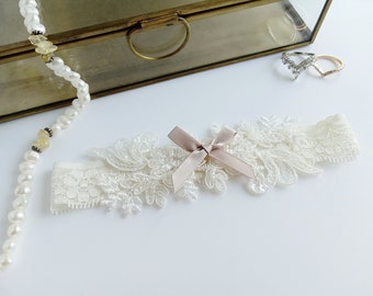 Champagne and Ivory Wedding Garter, Flower Lace Keep and Toss Single or Set, Custom Sized
