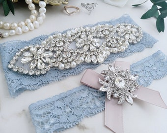 Something Blue Wedding Garters, Ivory or White Lace Pearl Rhinestone Bridal Garter Set