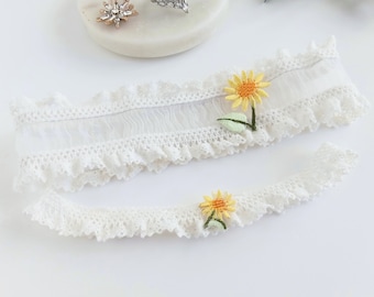 Sunflower Wedding Garters | White Custom Sized Bridal Keep and Toss Set for Bride