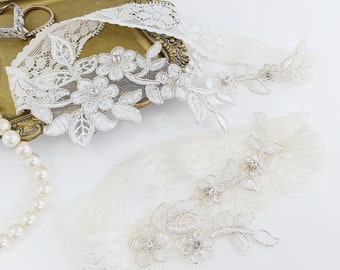 Ivory Lace Wedding Garters, Keep and Toss Bridal Garters with Crystal Rhinestones, Custom Sized