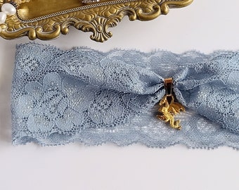 Gold Dragon Wedding Garters, Stretch Lace Bridal Garters, Something Blue Garter Set, Custom Size Garters, Dragon Theme Wedding Gift