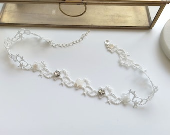 Stars Choker Necklace, White Celestial Pearl and Rhinestone Wedding Nacklace for Women