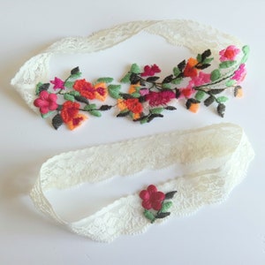 Wildflower Wedding Garter, Colorful Embroidery Bridal Keep and Toss, Stretch Lace Custom Sized Petite - Plus Size Leg Garter