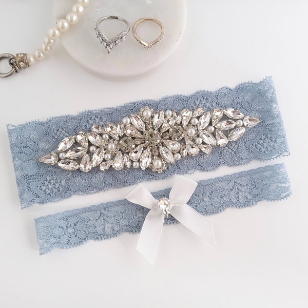 Wedding Garter, Dusty Blue Garter Set, Silver Bridal Garters, Crystal Rhinestone Garter, Light Blue Stretch Lace Garter, Something Blue