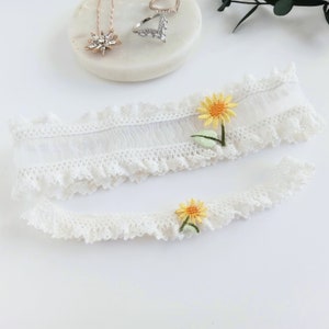 Sunflower Wedding Garters | White Custom Sized Bridal Keep and Toss Set for Bride