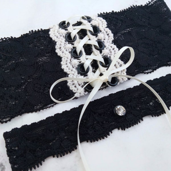 Black Lace Wedding Garter with Toss, Black and Ivory Petite - Plus Size Bridal Set, Adjustable Custom Sized