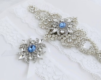 Quelque chose de bleu porte-jarretelles de mariage, jarretière de taille personnalisée, jarretière de mariée argentée en cristal bleu strass, jarretière en dentelle extensible, jarretière avec pierre bleue