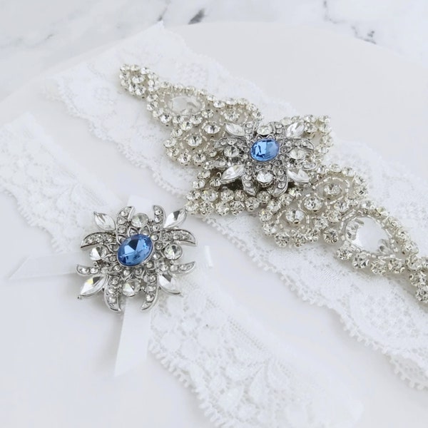 Quelque chose de bleu porte-jarretelles de mariage, jarretière de taille personnalisée, jarretière de mariée argentée en cristal bleu strass, jarretière en dentelle extensible, jarretière avec pierre bleue