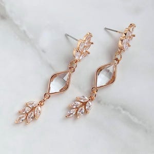 Gold Leaf Wedding Earrings, CZ Drop Dangle Leaves Earrings for Bride, Bridal Jewelry, Bridesmaids, Prom, Formal Event