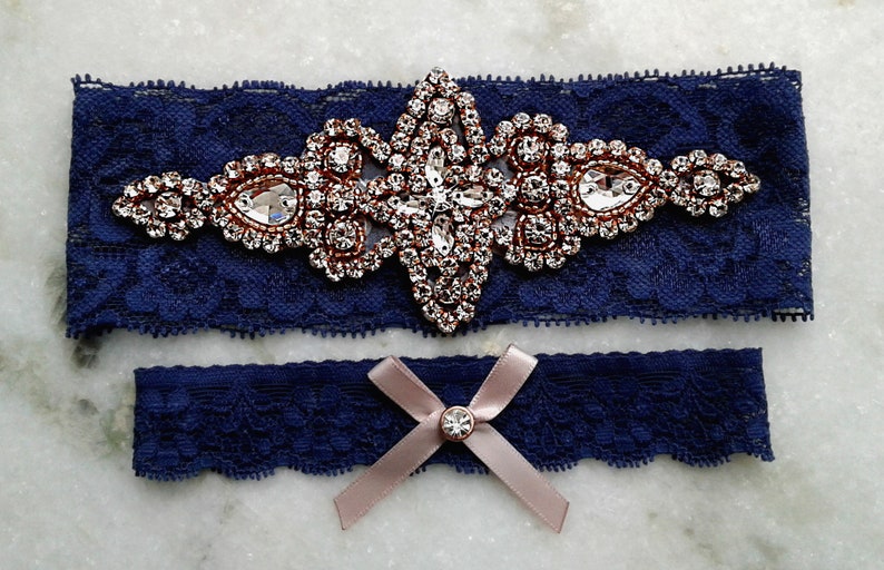 Something Blue Garter Set Crystal Rhinestone Garter Stretch Lace Bridal Garter Rose Gold Wedding Garters Navy Blue Wedding Garter