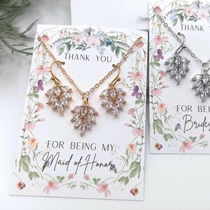 Conjunto de pendientes y collar para damas de honor, regalo de propuesta nupcial con circonitas cúbicas, joyería para niñas de las flores, tarjeta personalizada