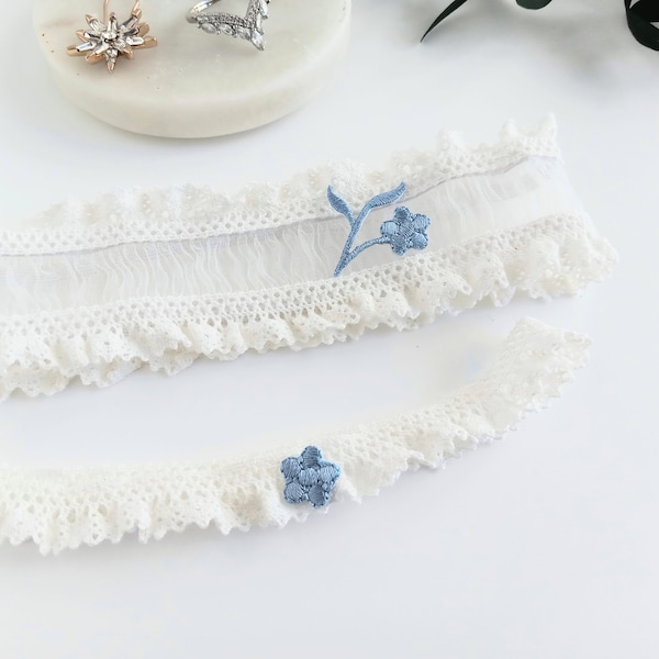 Something Blue White Wedding Garters | Custom Sized Set | Keep and Tossing for Bride