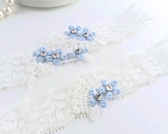 Light Blue Wedding Garters, White Custom Sized, Keep and Toss Bridal Something Blue Set